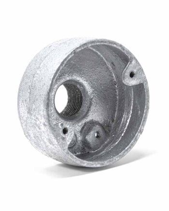 20mm Conduit Back Outlet Box Galvanised DT21420G . A round metal box with a threaded hole to the rear.